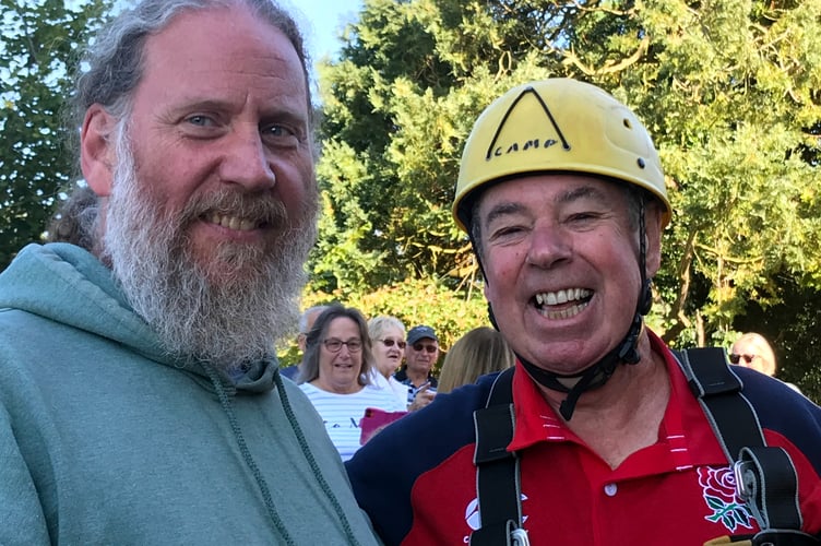 Rev Leigh Winsbury, left, and Peter Morgan church abseil Hatheleigh