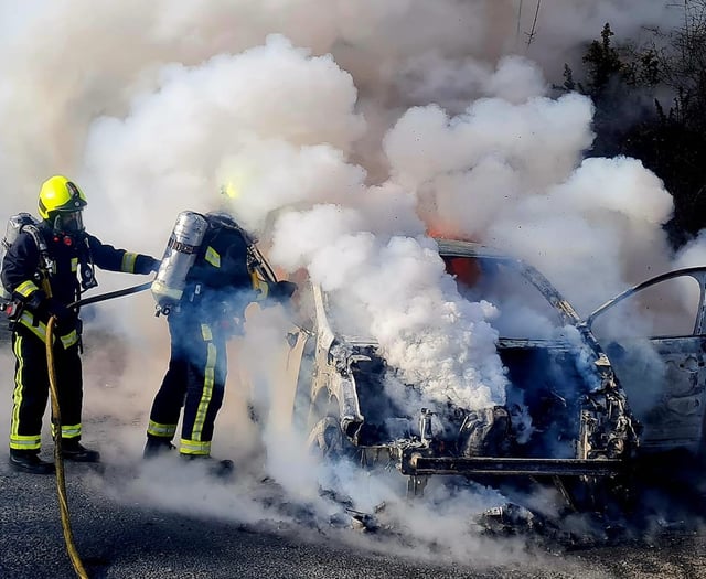 Dramatic pictures as Buckfastleigh firefighters battle car blaze