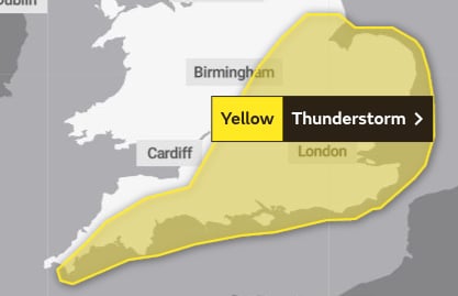 The Yello wWarning of Heavy showers and thunderstorms for Devon today, May 9, 2023.
Picture: Met Office