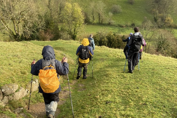 Okehampton Ramblers making a steep descent