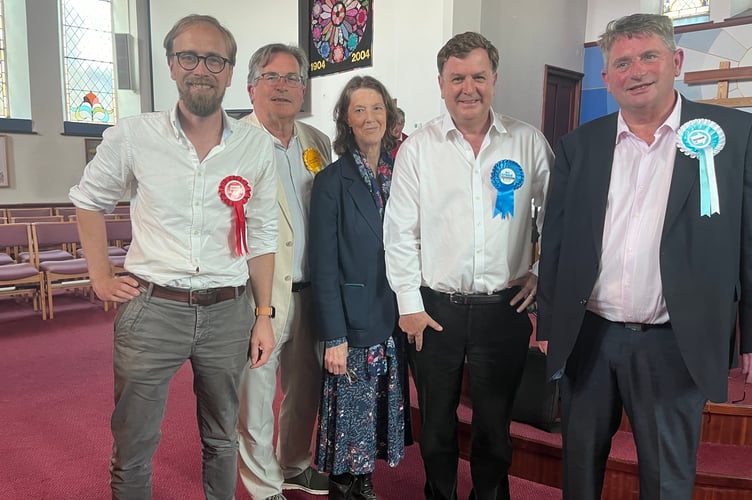 A well-attended hustings at Okehampton's Fairplace Church on Tuesday was attended by five out of six of the Central Devon constituency candidates. From left: Ollie Pearson (Labour); Mark Wooding (Lib Dem); Gill Westcott (Green); Mel Stride (Conservative) and Jeffrey Leeks (Reform UK). Unable to attend was Independent Arthur Price