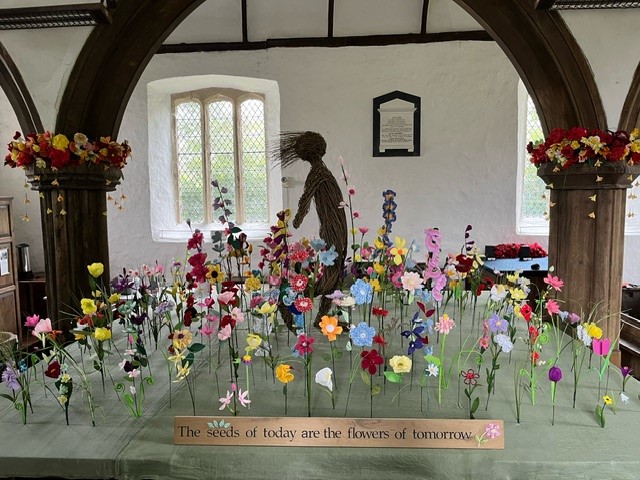 Handmade wildflowers made by people in the community have gone on display in the parish church at Dowland near Winkleigh