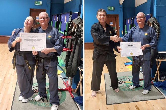 Lisa Southard (left) and Ray Colenutt (right) with their certificates alongside instructor Guy Southard. Pictures: BOP Tae Kwon-Do