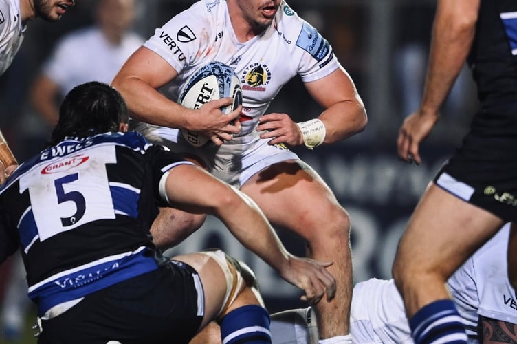 Exeter Chiefs hooker Dan Frost looks to find a way through the Bath defence during their Gallagher Premiership clash