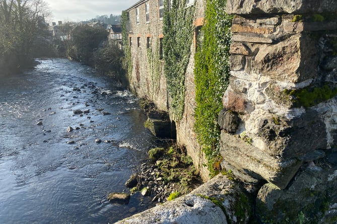 The view of the River Tavy from the damaged Vigo Bridge in Tavistock.