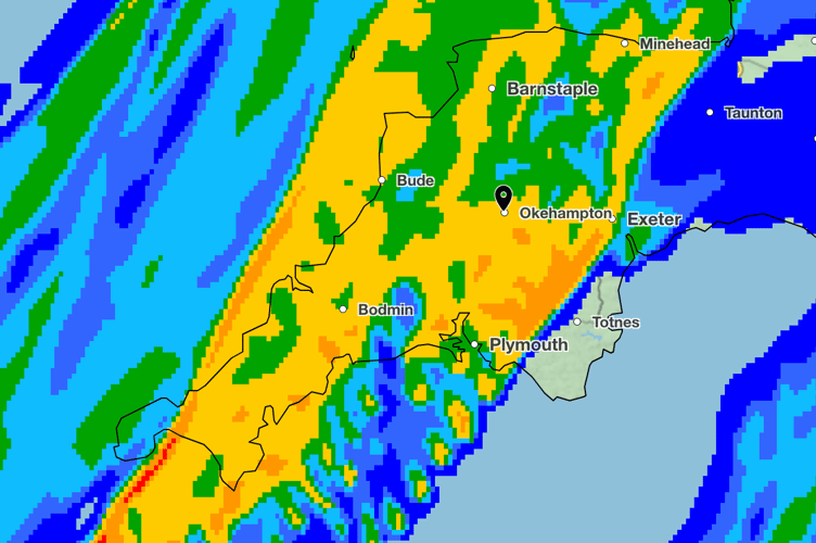 Rainfall across Devon on Sunday February 23