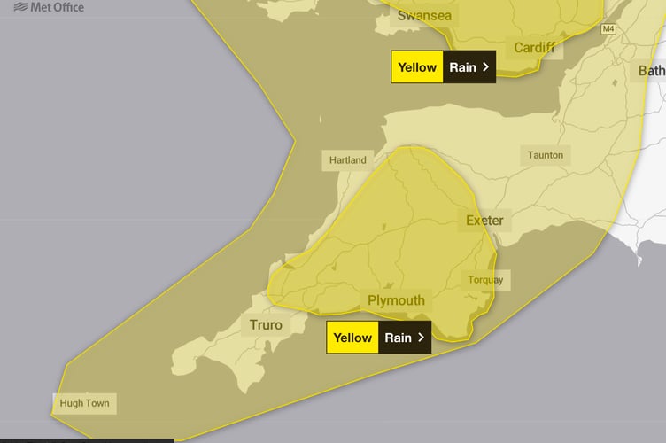  A yellow warning for heavy rain has been issued by the Met Office